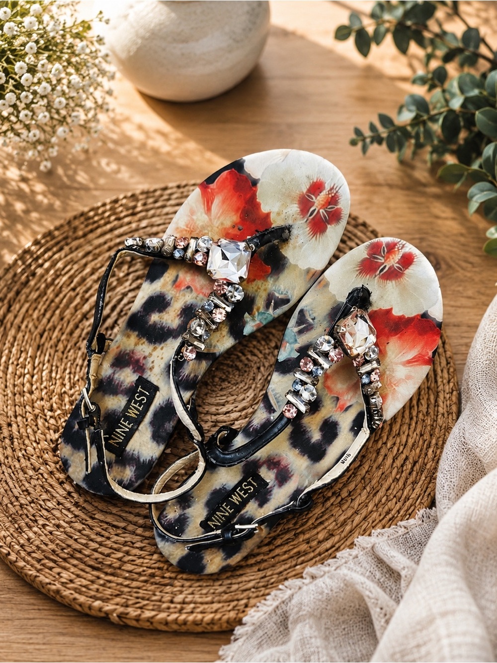 Nine West Black T-Strap Sandals with Floral Elegance
